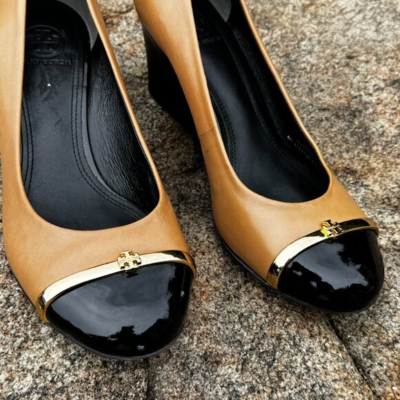 Tory Burch Womens 7.5 Pacey Wedge Pump Shoe Cap Toe Tan Leather - Picture 4 of 11